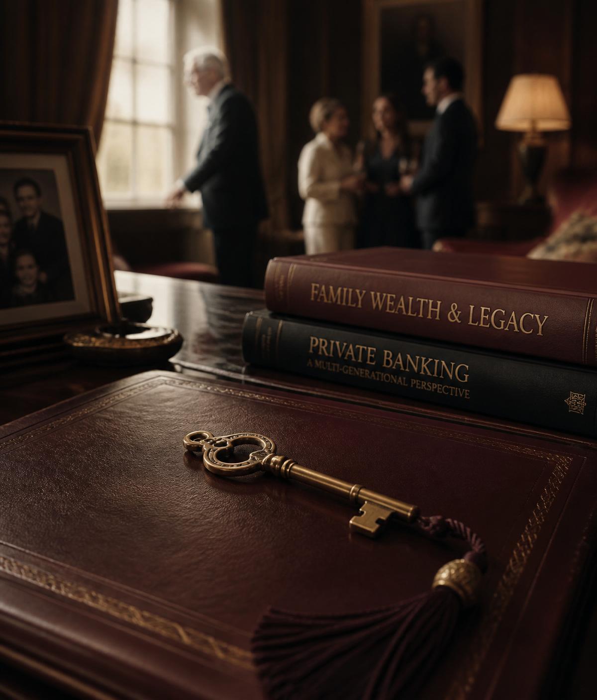 A brass key resting on leather-bound family wealth volumes
